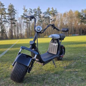 Juodas CityCoco elektrinis motoroleris su sėdyne stovintis lauke ant žolės