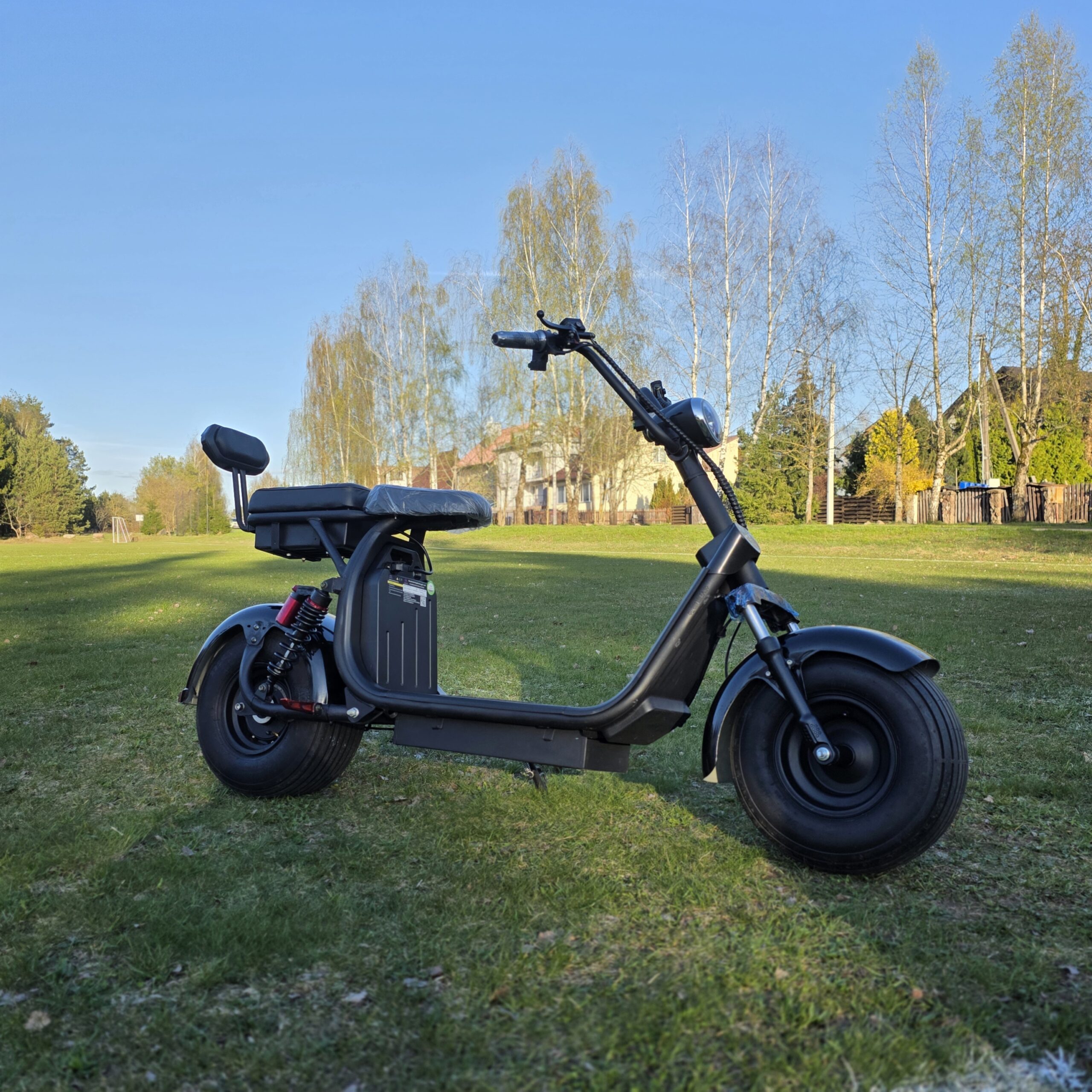 Juodas elektrinis CityCoco motoroleris pastatytas ant žalios vejos saulėtą dieną