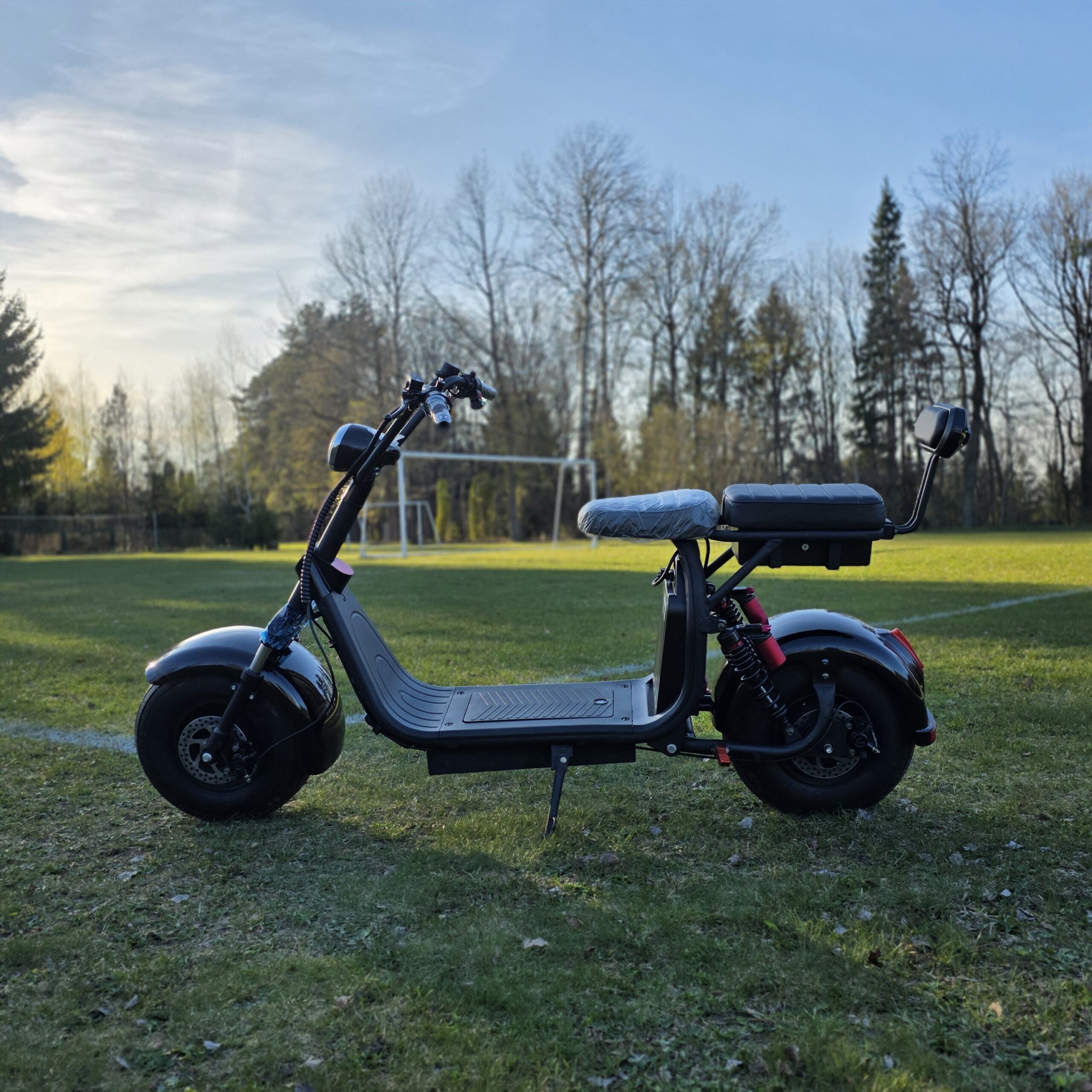 Juodas elektrinis CityCoco motoroleris profiliu stovintis pavasario parko fone