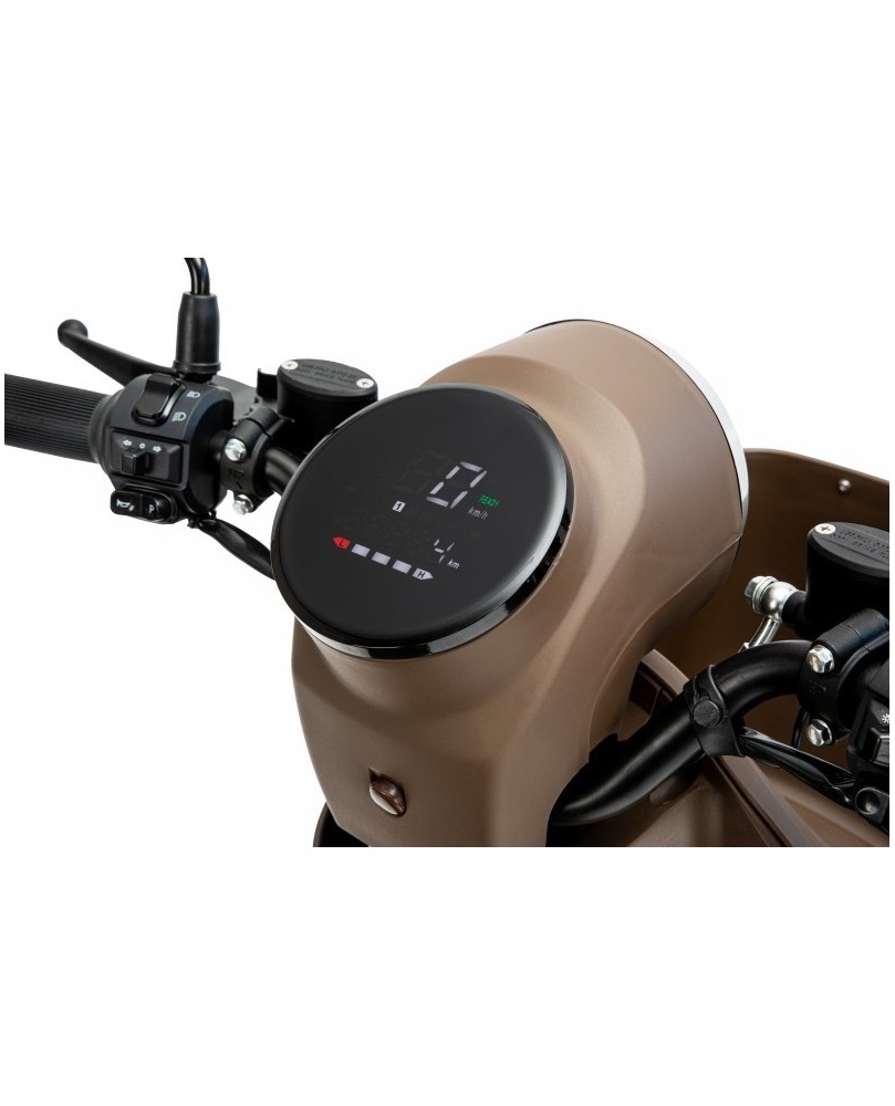 Elektrinio skuterio prietaisų skydelis su odometru ir baterijos įkrovos indikatoriumi.