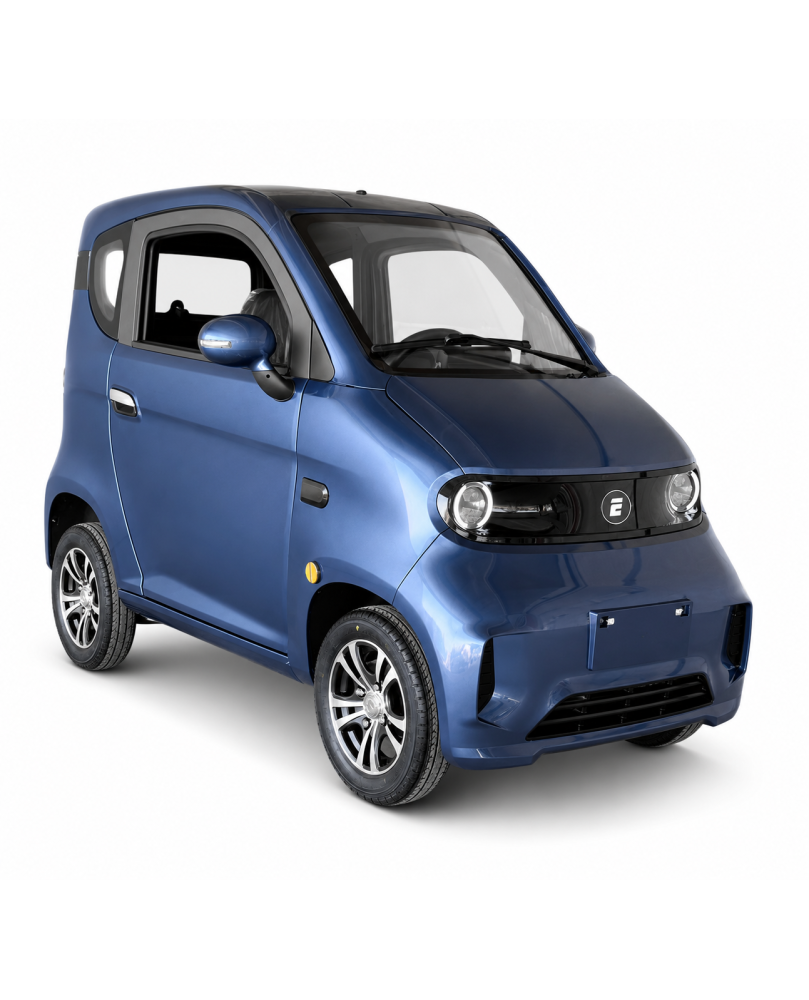 Elektrinis mini automobilis Ekomoto J7 mėlynos spalvos su LED žibintais ir 12 colių ratais