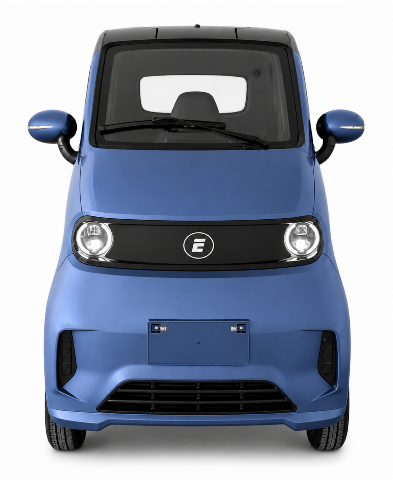 Elektrinis mini automobilis Ekomoto J7 mėlynos spalvos vaizdas tiesiai iš priekio