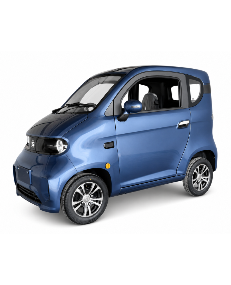 Elektrinis mini automobilis Ekomoto J7 mėlynos spalvos su dviem durimis ir dideliais langais