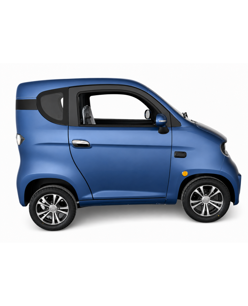 Elektrinis mini automobilis Ekomoto J7 mėlynos spalvos vaizdas iš šono