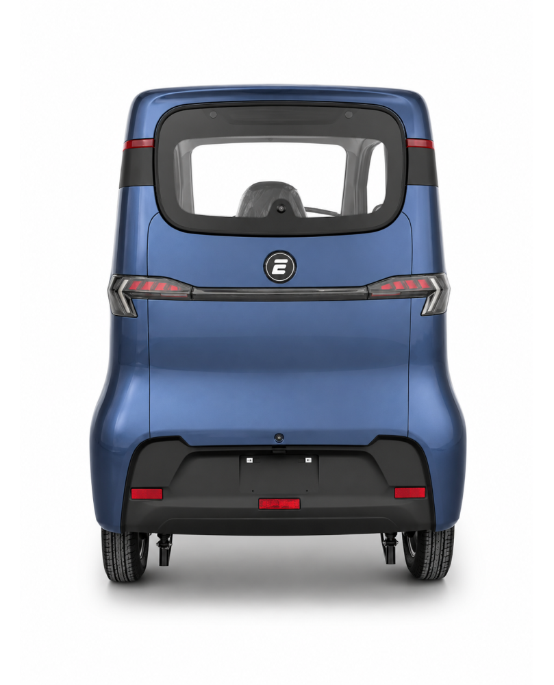 Elektrinis mini automobilis Ekomoto J7 mėlynos spalvos vaizdas iš galo