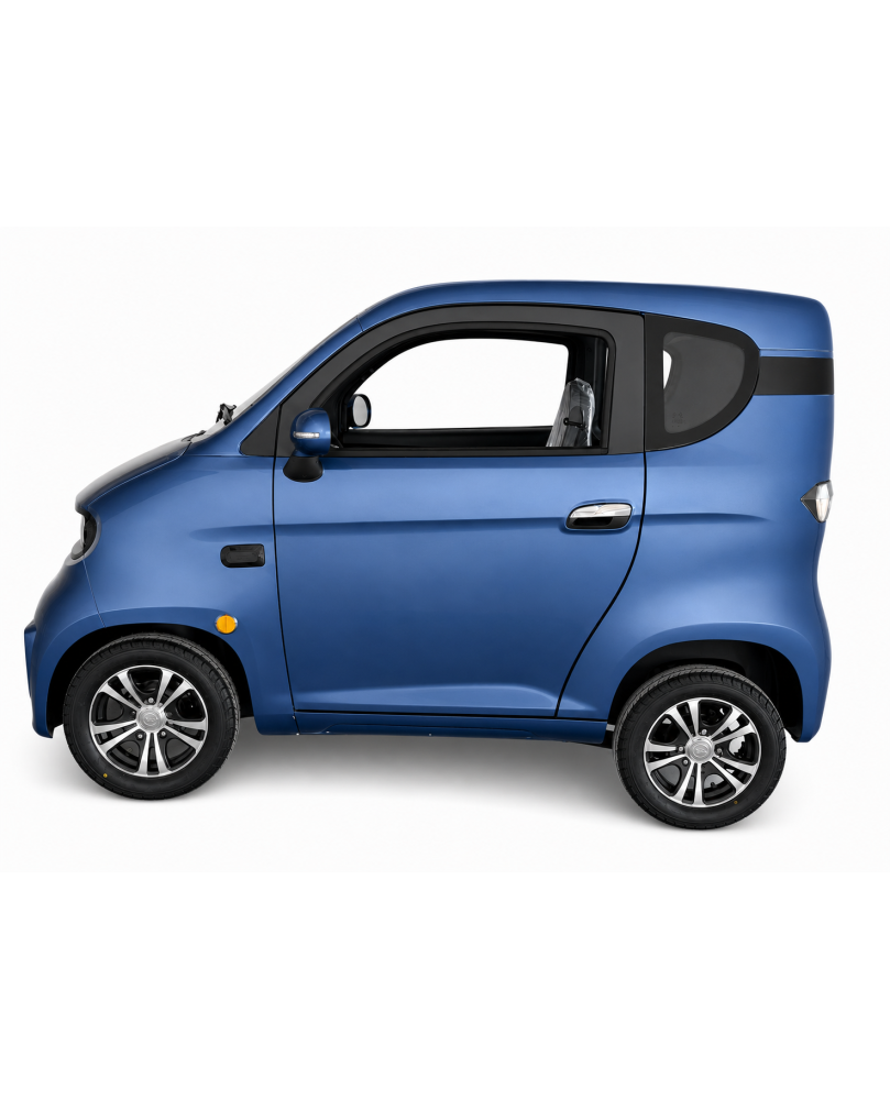 Elektrinis mini automobilis Ekomoto J7 mėlynos spalvos šoninis vaizdas su vairuotojo durimis