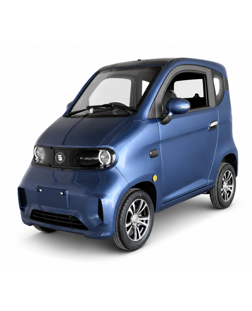 Elektrinis mini automobilis Ekomoto J7 mėlynos spalvos su uždara kabina
