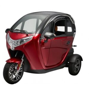 Elektrinis triratis skuteris su kabina Polaris 1000W, raudonas miesto elektromobilis, triratis motoroleris su stogu