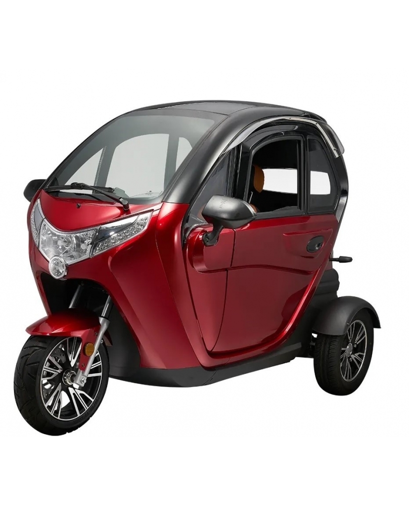 Elektrinis triratis skuteris su kabina Polaris 1000W, raudonas miesto elektromobilis, triratis motoroleris su stogu