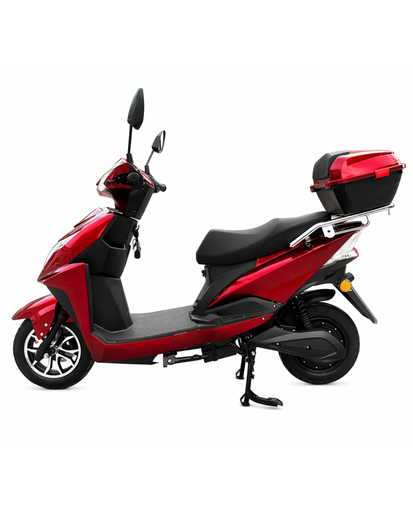 Elektrinis motoroleris Z1000 raudonos spalvos vaizdas iš šono su plačia sėdyne