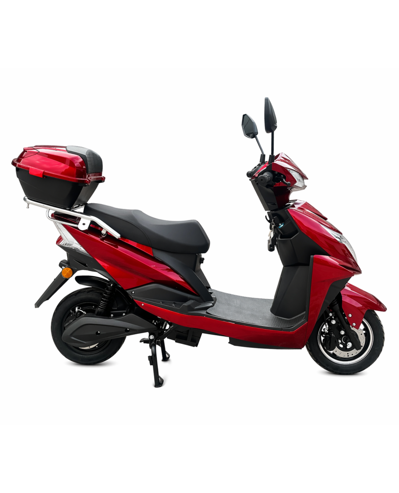 Elektrinis motoroleris Z1000 raudonos spalvos iš galo su daiktadėže ir žibintais